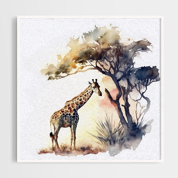 Giraffe Watercolor Oil Painting‎ Nature Acacia Tree Art Print - Picture 1 of 4